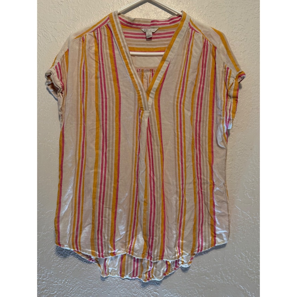 Cato Womens Pink Orange Yellow Striped Rayon Linen Blend V-Neck Blouse Large